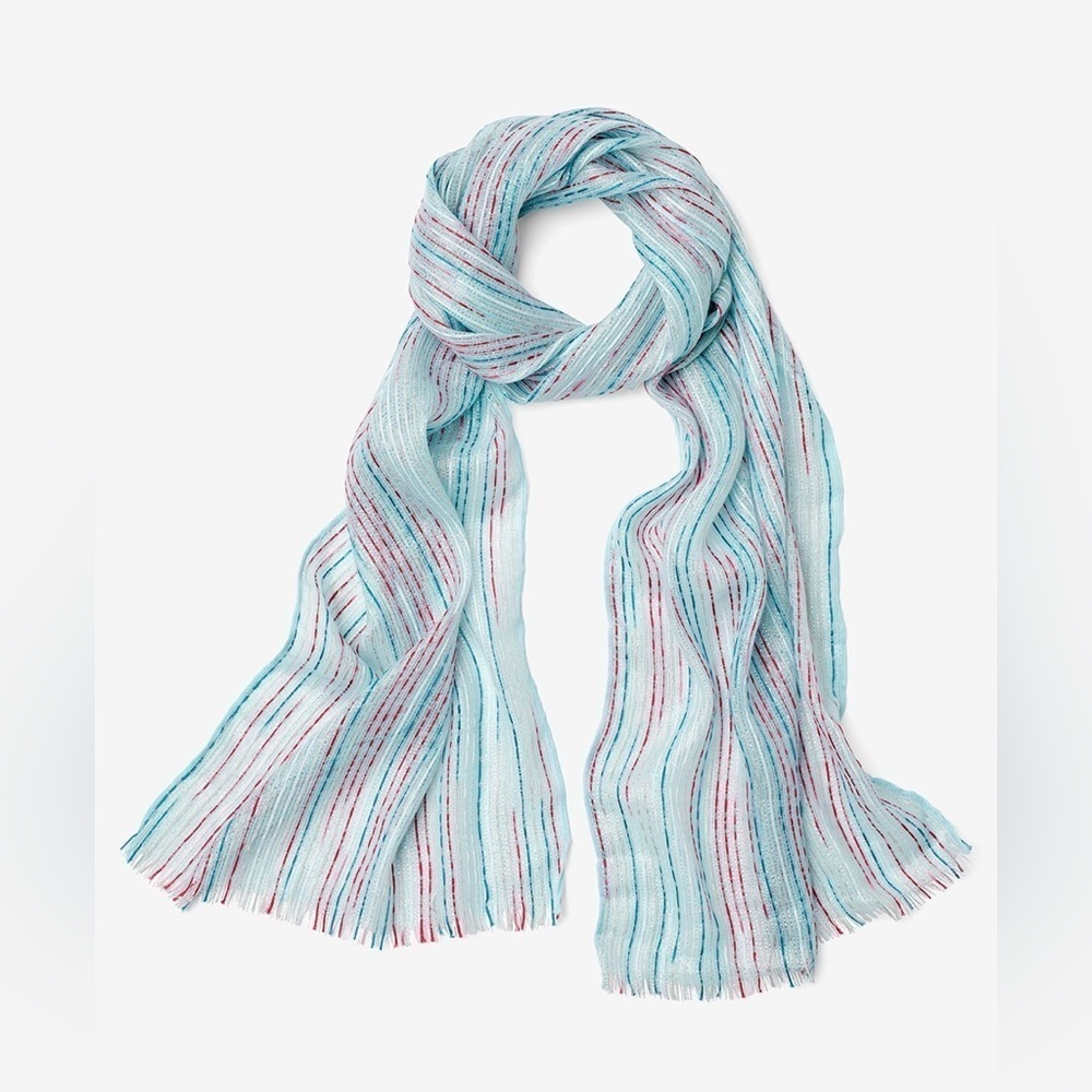 Chico’s Oblong Stripe Lightweight‎ Scarf Turquoise red white w/ metallic accents